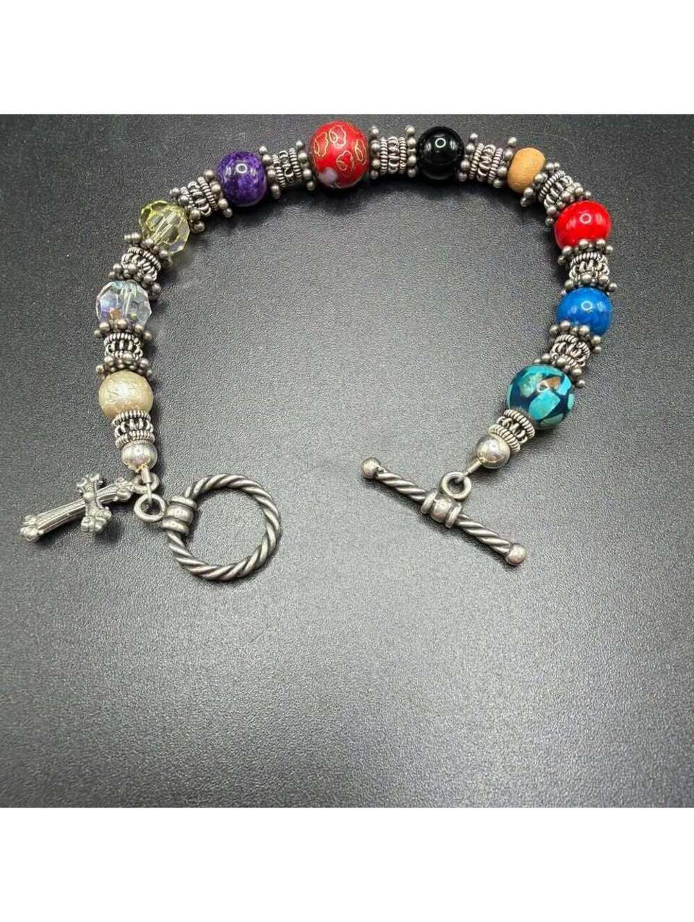 Colorful Beaded Charm Bracelet with Cross Toggle Clasp